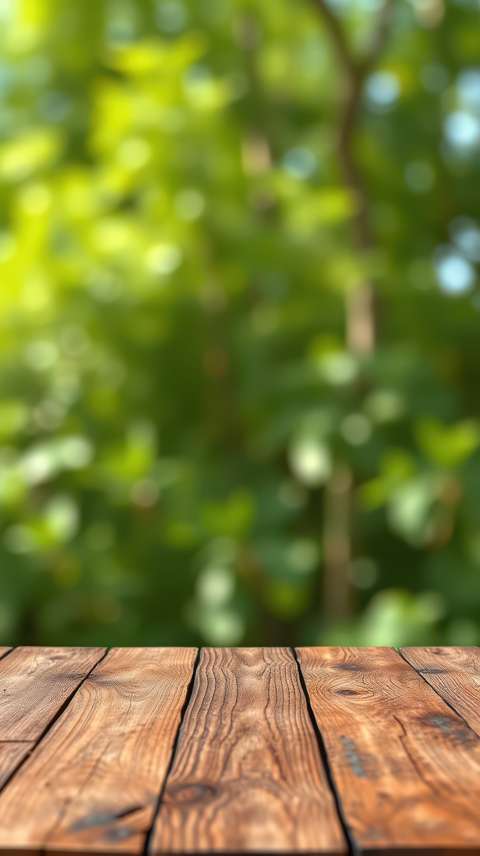Wooden table surface with blurred green foliage in the background during a sunny day in a garden or park setting
